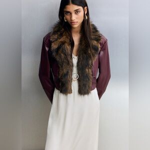 H&M Faux Fur Trim Burgundy coated Jacket size M NWT